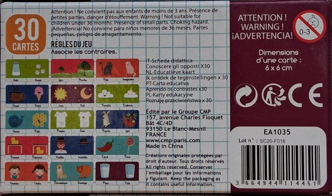 30 cartes éducatives, j'apprends les contraires